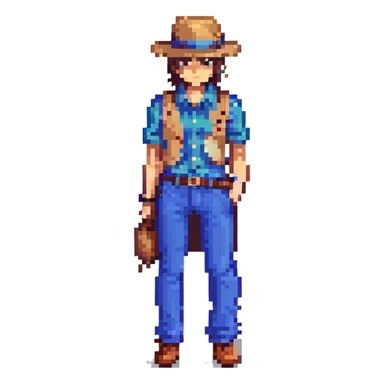 Lemeza Kosugi from La-Mulana, pixel art style, standing with whip at his side, tan fedora, blue pants, pixelated shading, 8-bit game character sticker