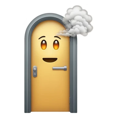 Minimalist emoji-style sticker of a half-open door, with smoke and a single glowing eye visible in the dark inside. Flat design, desaturated colors.
 sticker