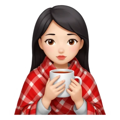 cute and sexy asian girl, feeling sick up, nose and cheecks red by blush, covered by blanket, holding tea mug in hands sticker