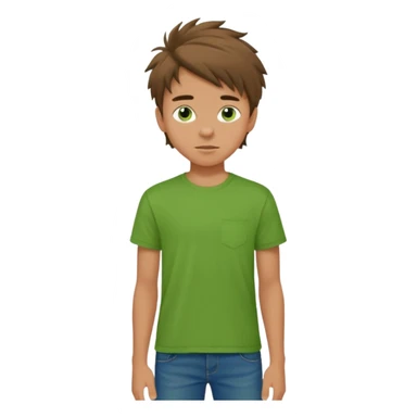 A 14 yerar old teenage boy, slightly tanned, wearing a green tshirt, blue jeans and green sneakers with brown tousled hair sticker