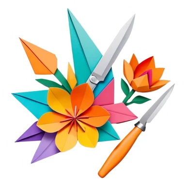 Paper crafting icon, colorful paper sheets, origami figures, 3D paper flowers, visible scissors and craft knife, minimalistic style, clean lines, transparent background. sticker