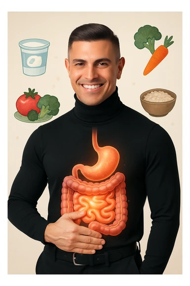 a fit, smiling man stands confidently with one hand on his abdomen. A transparent overlay reveals a healthy, detailed digestive tract with a glowing, vibrant intestine. Around him, icons of healthy foods like yogurt, vegetables, and whole grains float, symbolizing good gut health. The background is clean and bright, with an educational mood. sticker