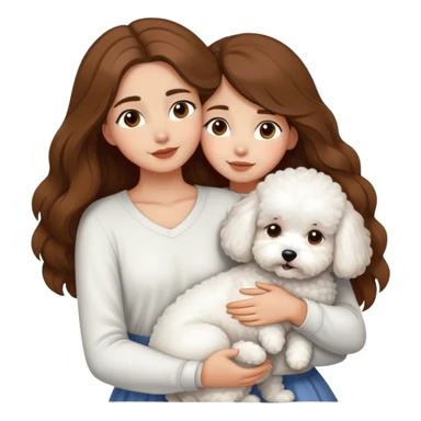 A beautiful olive skinned girl with long flowy brown hair, hugging three white bichon frise's sticker