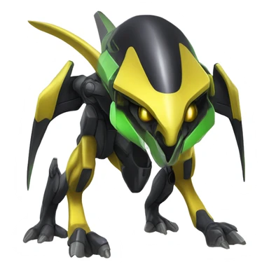a shiny black-yellow-green Genesect-Raptor-Fakémon—hybrid with a futuristic visor-helmet full body sticker