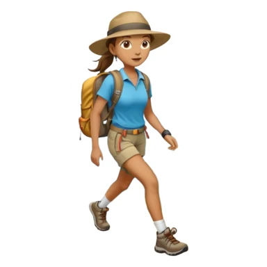 Create an emoji of a woman, hiking in shorts, trekking sneakers with a backpack and a wide broom hat and a brown ponytail sticker