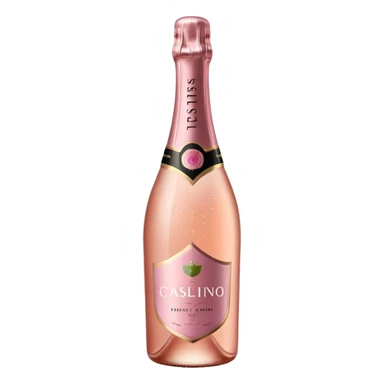 bottle of sparkling rosé champagne with a rose logo on the label, tilted up and to the left, no glass sticker