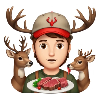 Guy with deer antlers eats meat, brown hair, with cap sticker