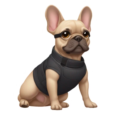 Frenchie laying wearing a lululemon belt bag sticker