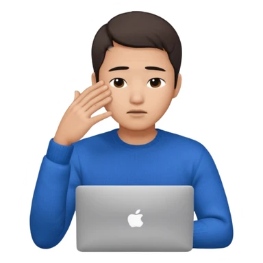 a asian handsome guy wearing a blue knit with white shirt, facepalming with only one hand, with a macbook, only upper body, high quality sticker