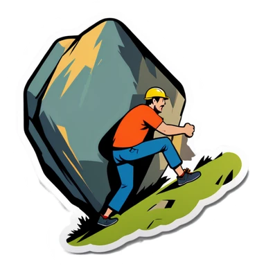 A man pushes a boulder up a steep hill sticker