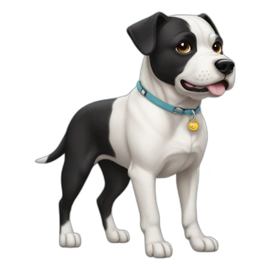 Un staffi femelle noir avec un trait blanc tres petit sur la tête avec des tache de brunger sur c'est patte arrière avec un collier ver se nomment ugette sticker