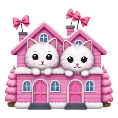 two happy cats in love, with a pink house behind them that has a bow on the roof, emoji style sticker