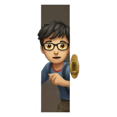 young dark-haired man with glasses struggling to lock a wooden door sticker