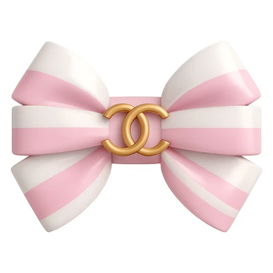 Change the bow to pink and white, keep the gold Chanel logo, glossy, elegant, 3D emoji style. Remove the background. sticker
