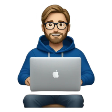 Brown hair white man with a beard and round glasses typing on apple computer wearing a dark blue nike hoodie sticker