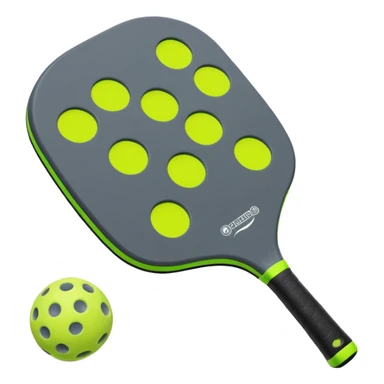Pickleball paddle in dark grey, with pickleball ball in florescent green at 45 degrees sticker