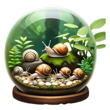 A collection of various snails and mollusks inside a big, lush terrarium with plants and moss. Some snails are crawling along the glass while others rest on pebbles. The scene is serene with soft lighting, showcasing the natural beauty of the mollusks. Transparent background. sticker
