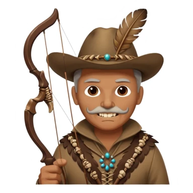 The classic image of a middle-aged uncle hunter carrying a bow, dressed in brown clothes, with some ornaments made of feathers, bones or teeth on his body. sticker