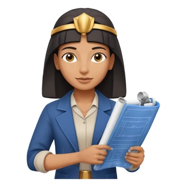 Emoji portrait of an Egyptian architect. Clean clothes, holding a blueprint scroll, confident expression. sticker