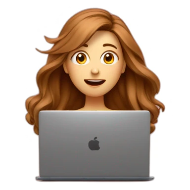 women in front of a laptop with a surprised face, brown light long hair, she is looking the laptop, hair in the air, caucasian, speed red background sticker