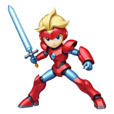 Megaman Zero robot with red armor, blonde hair, and Z-saber sword sticker