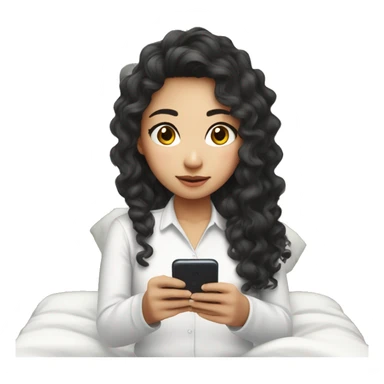 asian girl with curly long hair and white long sleeve shirt watching show on phone on bed sticker