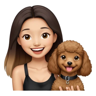 a asian girl with long straight balayage hair, long lashes, laughing, wearing black halterneck top, and holding a brown poodle sticker