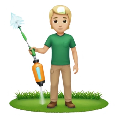 man blonde hair and no hat with a emerald green shirt and tan pants on carrying chemical sprayer and pointing it downwards to spray at bright green grass sticker