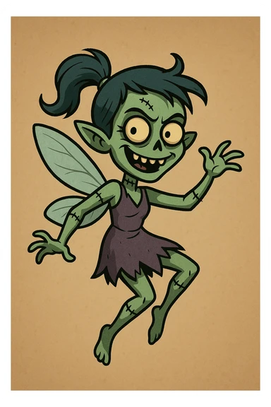 zombie fairy, cartoon style, stitched limbs, mischievous grin, floating sticker