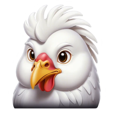 Cinematic Noble White Chicken Portrait Emoji, Poised and regal, with a compact, sturdy build and a pristine, well-groomed pure white plumage, deep-set soulful beady eyes, Simplified yet sharp and sophisticated features, highly detailed, glowing with a soft, dignified glow, high shine, intelligent and alert, stylized with an air of barnyard elegance, focused and attentive, soft glowing outline, capturing the essence of a watchful and confident fowl, so majestic it feels as though it could strut out of the screen with effortless authority! sticker