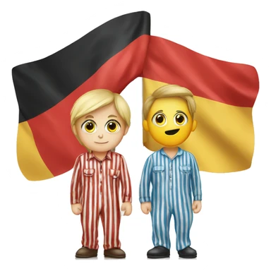 People in striped pajamas infront of German flag sticker