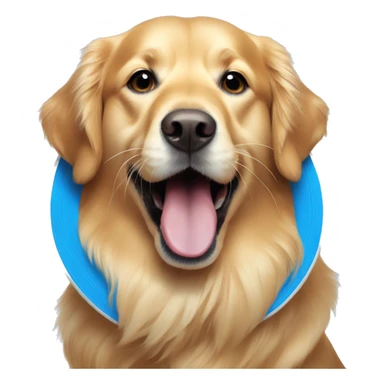 Golden retriever holding big blue frisbee in its mouth sticker