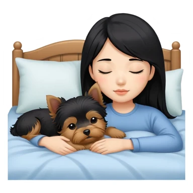pretty asian girl with black hair sleeping in bed with yorkshire terrier sticker