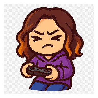 Update this chibi emote to remove the headband, sparkles, and wand. Change the outfit to a purple hoodie and jeans, holding a game controller in a gaming pose sticker
