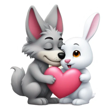 Old Wolf kisses a white Bunny who has pink ears, with big red heart between them sticker