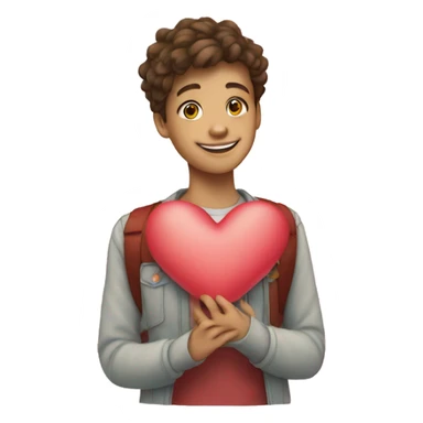 A smiling teenager holds a heart that is made up of small squares sticker