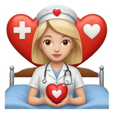 a caring nurse with a heart symbol and a bed icon, warm Apple emoji style sticker