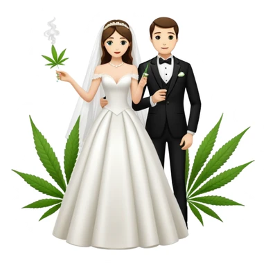 A bride in white wedding dress and groom in tuxedo, full body, sharing a cannabis joint, wedding couple sticker