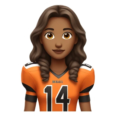 Girl with long brown hair, wearing orange and black Bengals football jersey sticker