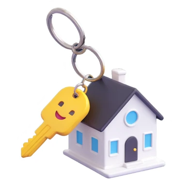 white key with a white house-shaped keychain on a chain, 3D Emoji style, angled view, soft shadows and highlights, transparent background, no decoration sticker