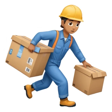 Animación educativa sobre un accidente laboral en un entorno industrial. Un trabajador de fábrica, con casco pero sin otros elementos de protección personal, resbala en un piso mojado y cae al suelo mientras transporta una caja. sticker