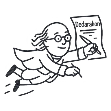 Make Ben Franklin look like the reference image, flying through the air, holding a scribe and the Declaration of Independence paper. Render in a minimalist black outline style with no fill, suitable for a startup logo. sticker