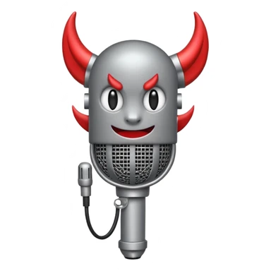 Minimalist emoji-style sticker of a classic retro microphone with small devil horns and a subtle tail wrapping the base. Grayscale with slight red accents.
 sticker