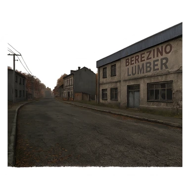 a view of the city street in a videogame: DayZ - in the town of berezio "lumber" sticker