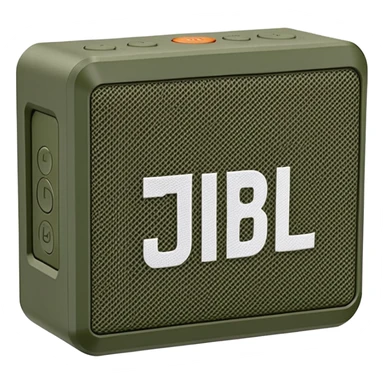 Military green JBL Go 4 portable speaker, compact size, with visible buttons and fabric speaker mesh, khaki colored electronic device sticker