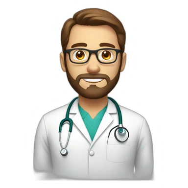 white doctor with short brown hair, big forehead, glasses and beard sticker