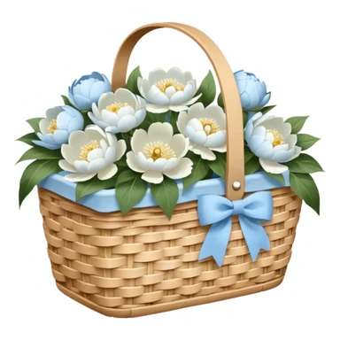 White Picnic basket with light blue bow and white peonies inside sticker