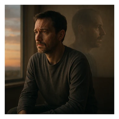 A thoughtful man sitting alone in a quiet room or outside at sunset, gazing into the distance with an introspective and emotional expression. A faint ghostly double exposure shows an alternate version of himself in the background, symbolizing a 'what if' shaped by a life-changing diagnosis. The setting is calm but emotionally deep, cinematic style, emotional realism, soft lighting, symbolic duality, quiet sadness and wonder, hyperrealistic 4K. sticker