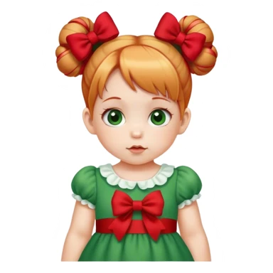 baby gir with  1 bunns bow   red blond mix hair  in green dress  sticker