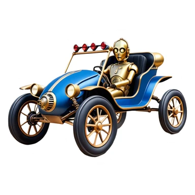  tarnished blue neon underglow C-3PO ghost buster 1964 delicately ornate rosegold wood accents Model-T off road buggy buckboard powered by electric motors and batteries with racing safety belts while flying rapidly roughening terrain stable on strong agile advanced suspension and steering sticker